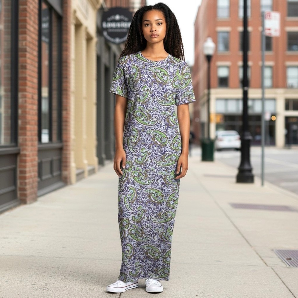 LuLaRoe Ana‎ Maxi Dress Women Size S Paisley Purple Green Knit Boho Bohemian